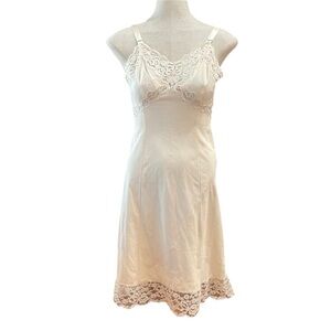 Vintage 50s full dress slip lace floral nylon cream beige tan women size XS